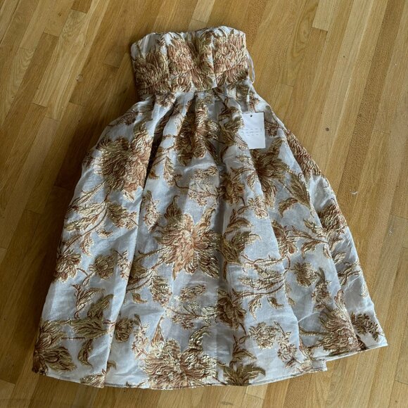 NWT | Mac Duggal Strapless Brocade Fit And Flare Midi Ivory Bronze Dress #20716 - Picture 4 of 7